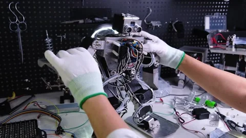 Research robot on the workbench Stock Footage 313836145