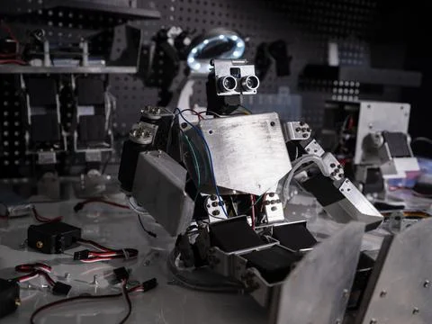Research robot on the workbench 스톡 사진