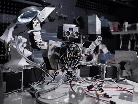 Research robot on the workbench 스톡 사진