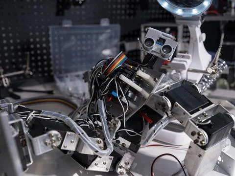 Research robot on the workbench 스톡 사진