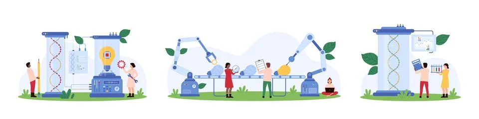 Research in science with AI, tiny people and robots create light bulbs on イラスト素材