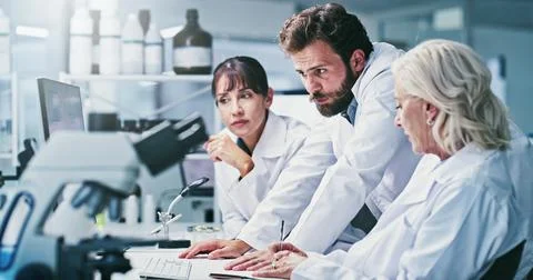 Research, science or people with computer in lab, procedure report or plann.. Stock Photos