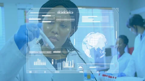 Research scientist fitting tip drawing fluid with HUD charts and rotating globe Video stock 311141672