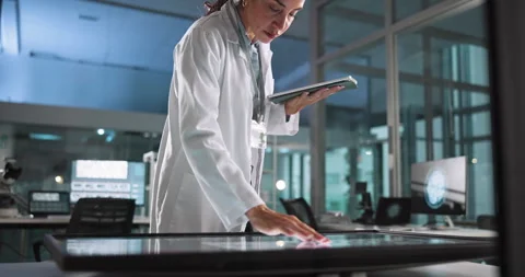 Research, scientist or interactive display for medical breakthrough, clinical Видео 305168437