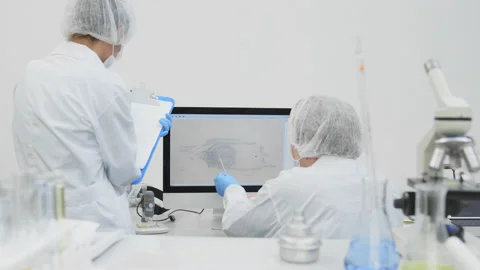 Research scientist team analyzing cell behaviour. Stock Footage 147064152
