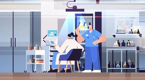 Research scientist team working in lab researchers making chemical experiments 스톡 일러스트