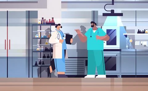 Research scientist team working in lab researchers making chemical experiments Stock Illustration