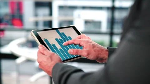 Research, scroll and hands with tablet screen in office, performance review or Stock Footage 346868957
