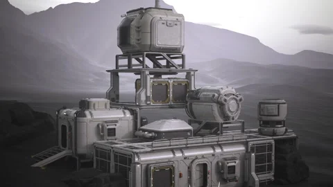 A research station with modular architecture set against a mountainous backdrop Stock Footage 276950699