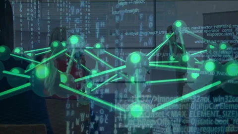 Research team collaborating in tech lab, projecting glowing molecular network Stock Footage 307453388
