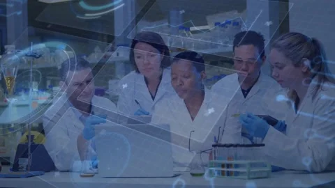 Research team gathering around lab laptop generating data overlays pipetting Stock Footage 326305255
