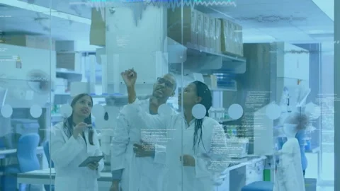 Research team gesturing toward glass activating waveforms, graphs, code while Stock Footage 330732948