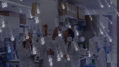 Research team tapping tablet starting code rain across clear panel while tracing Video stock 317229580