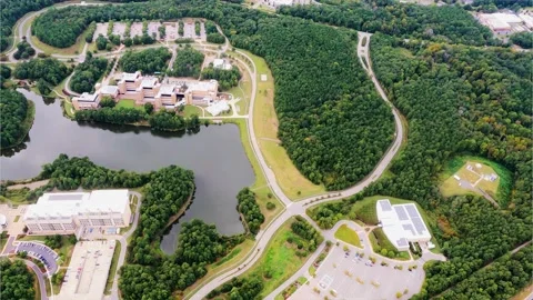 Research Triangle Park EPA and NIEHS Buildings Aerial View Stock Footage 139949494
