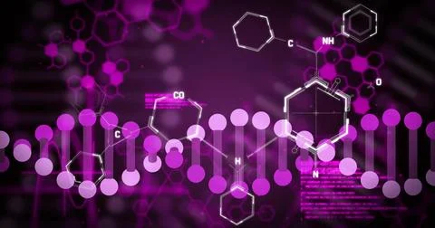 Research UI receiving data and animating DNA helix, highlighting chemical rings Stock Illustration