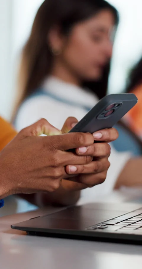 Research, university student or hands typing with phone for education, course Stock Footage 321465283