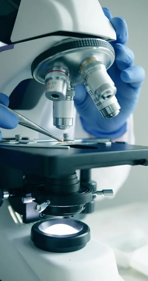 Researcher is Actively Using Laboratory Microscope for Analysis Stock Footage 300468800