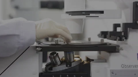 A researcher adjusts the slide on the specimen stage of a laboratory microscope Stock Footage 35190553