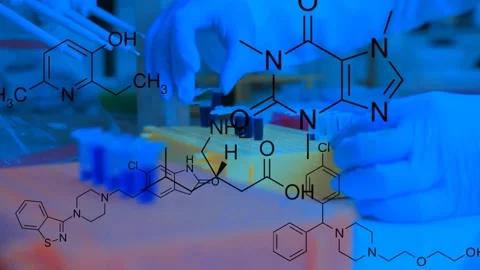 A researcher appear ransfering samples and chemical structures from pharmaceutil Stock Footage 216092931