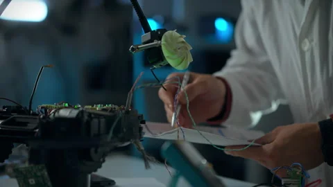 Researcher documenting findings during a science experiment in a futuristic Stock Footage 300387084