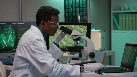 Researcher Examining Cells under Microscope and Using Smart Software on PC Stock Footage 332363374