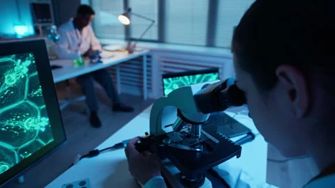 Researcher Examining Genomes under Microscope Connected to Computer in Smart Lab Stock Footage 332362178
