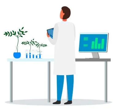 Researcher, lab assistant, engineer exploring plant breeding from tubes 스톡 일러스트