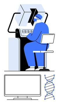 Researcher in Laboratory Analyzing Data on Computer with DNA Structure and .. Illustrazione stock