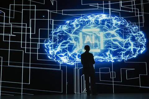 Researcher observing rapid development of AI technology in RD lab Foto stock