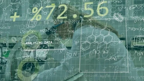 Researcher positioning sample on scope activating HUD analysing lab diagrams and Stock Footage 332686004