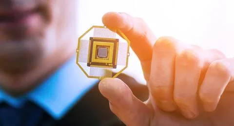 A researcher shows a microchip in a lab, highlighting recent developments in 写真素材