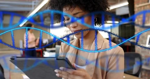 Researcher swiping tablet while analyzing genetic data with animated DNA helix Stock Footage 316983647