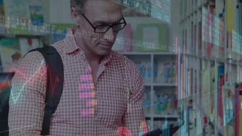 Researcher tapping and scrolling tablet in library aisle generating floating Stock Footage 310728202