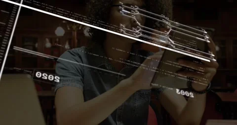 Researcher tapping tablet and generating animated technology timeline from 2008 Stock Footage 317869634