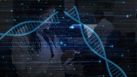 Researcher tapping tablet loading genetic data, DNA helix shifting as colleague Stock Footage 319800980