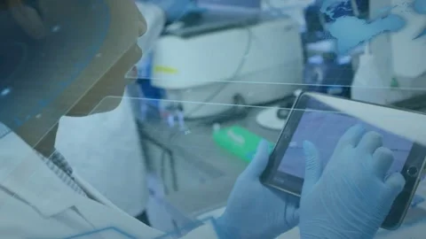Researcher tapping tablet screen zooming cells in lab, technician holding Video stock 320066918