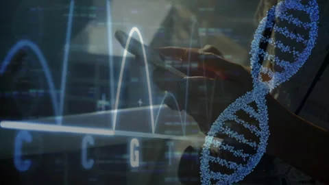 Researcher tapping touchscreen and tracking nucleotide waveform changes with 3D 動画素材 311085490