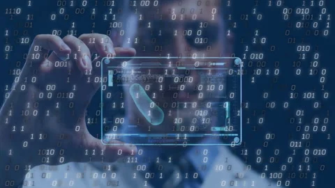 Researcher in tech lab touching clear display and scanning 3D capsule as binary Stock Footage 311900986