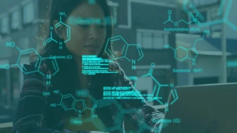 Researcher typing on laptop and causing teal holograms of code and molecules, Stock Footage 332625593