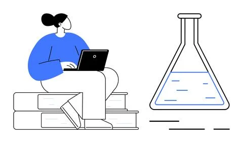 Researcher Using Laptop While Sitting on Books Next to Large Chemistry Flask Stock Illustration
