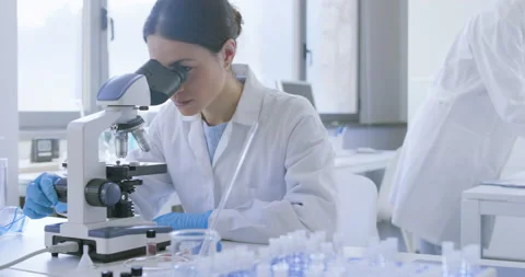 Researcher using a microscope in the clinical lab Stock Footage 211355445