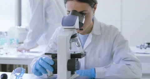 Researcher using a microscope in the clinical lab Stock Footage 211359153