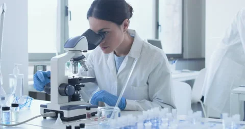 Researcher using a microscope in the clinical lab Stock Footage 211359746
