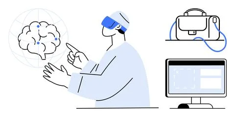 Researcher wearing VR headset interacts with brain hologram, nearby computer  스톡 일러스트