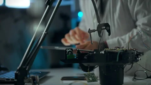 Researcher working on robotic components in a modern laboratory setting duri Stock Footage 323930966