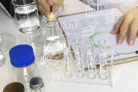 Researchers study data and experiment with chemicals, in the creation of me.. 스톡 일러스트