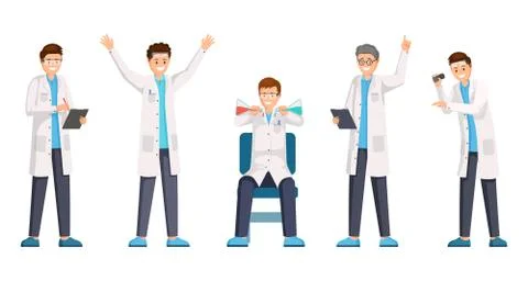 Researches flat vector characters set. Happy researchers wearing white coats Stock Illustration