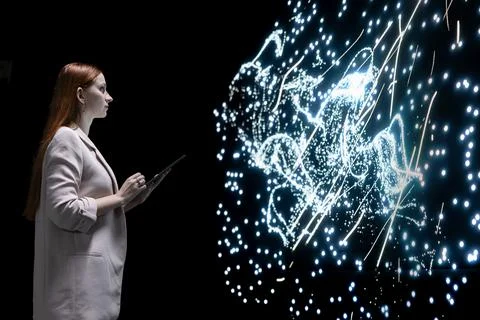 Researching AI algorithms, LLM node clusters and female engineer Stock Photos