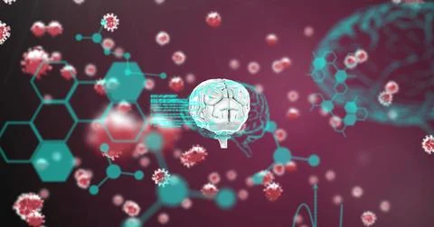 Researching, digital brain surrounded by virus particles and scientific symbols Stockillustratie