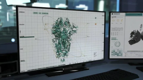 Researching SARS-COV-2 spike protein structure under powerful microscopes. UI Stock Footage 147751442